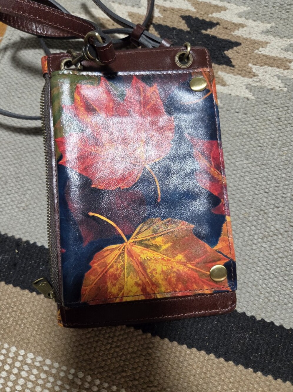 Leaf Print Leather Wristlet Clutch in Navy, Red & Yellow Patricia Nash